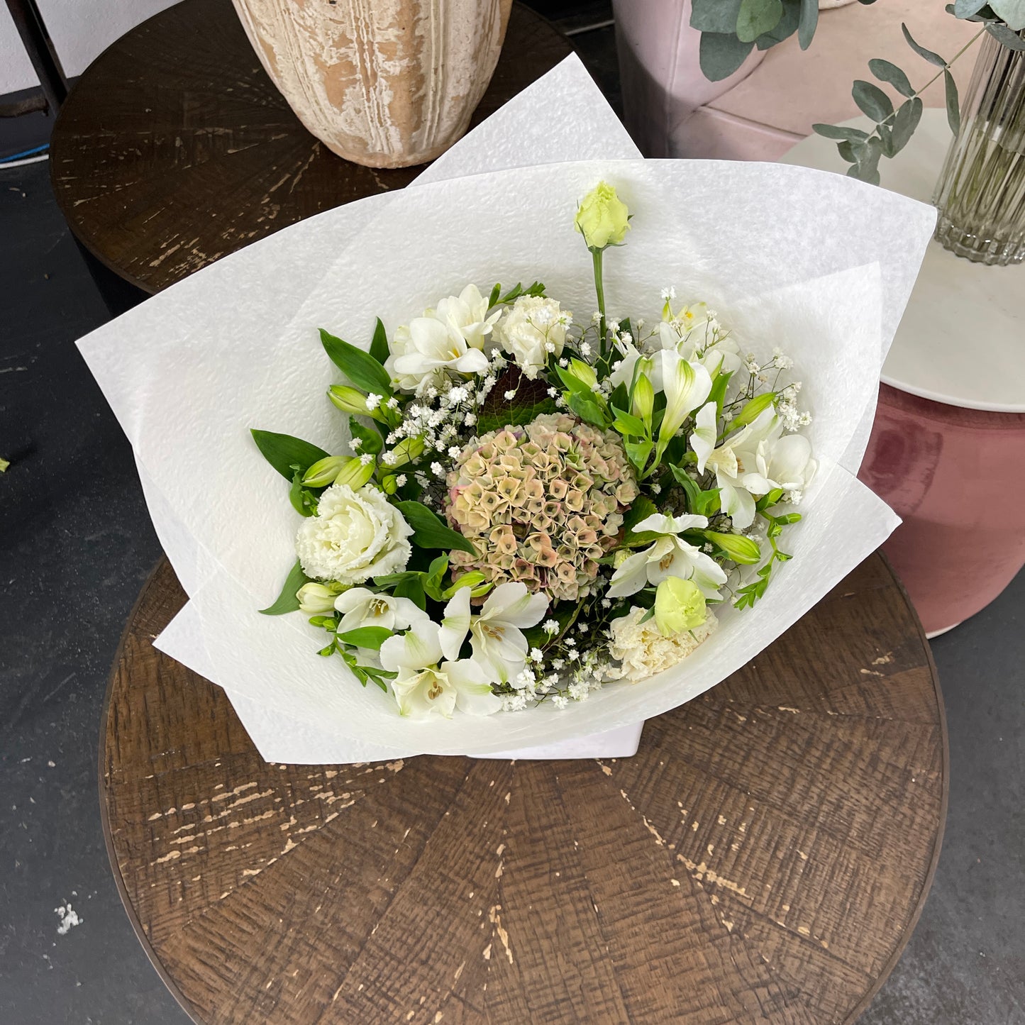 White and cream hydrangea bouquet with seasonal flowers Melbourne