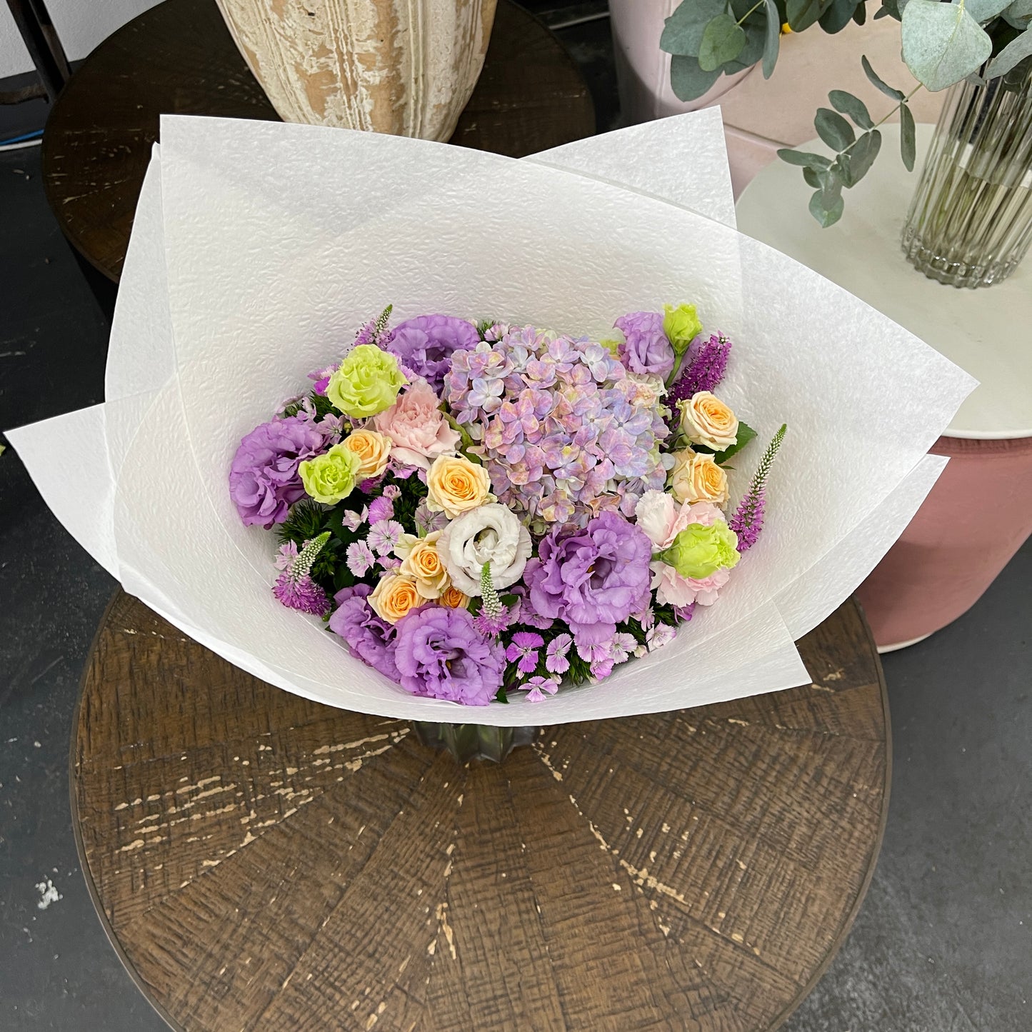 Pastel pink and purple hydrangea bouquet Melbourne florist