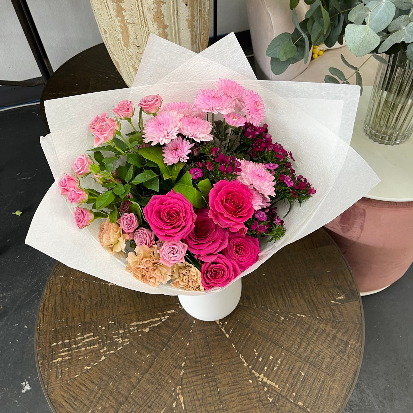 Pink front facing bouquet with roses carnations and seasonal flowers Melbourne florist