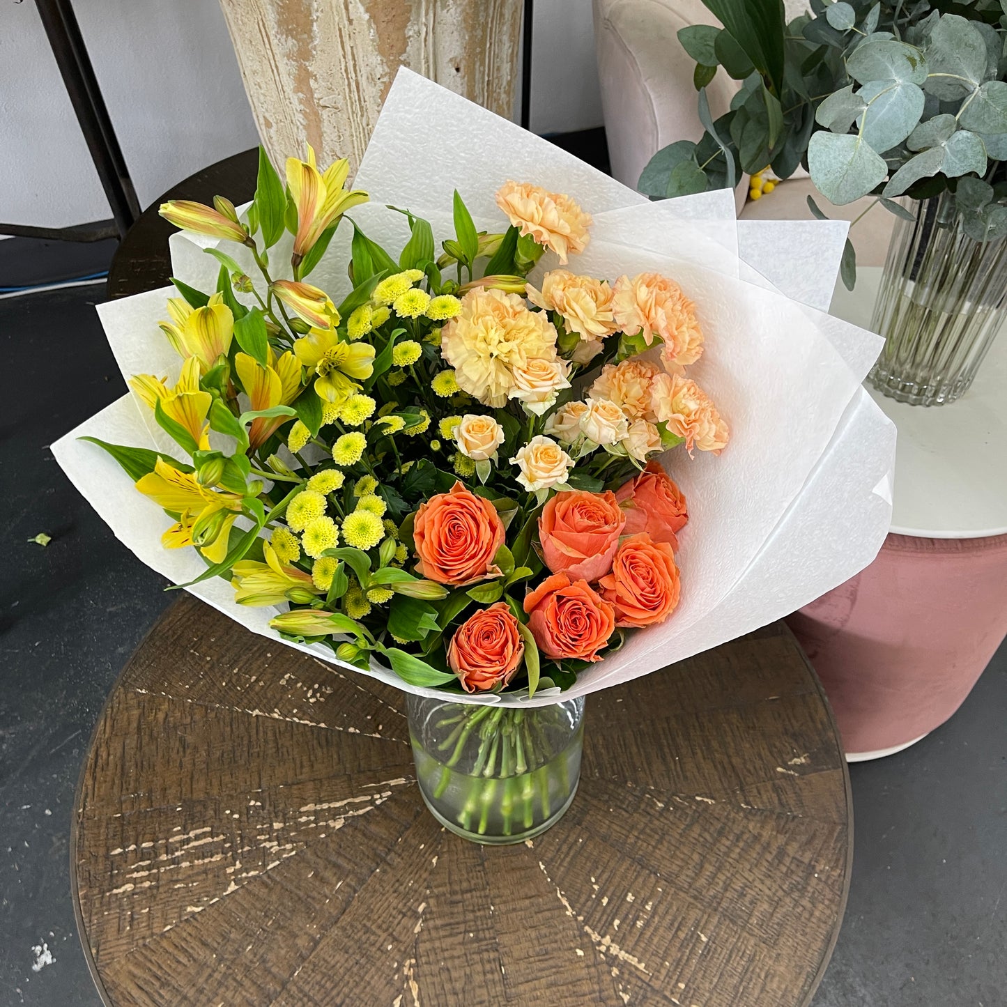Yellow and orange flower bouquet with roses carnations and seasonal blooms Melbourne florist