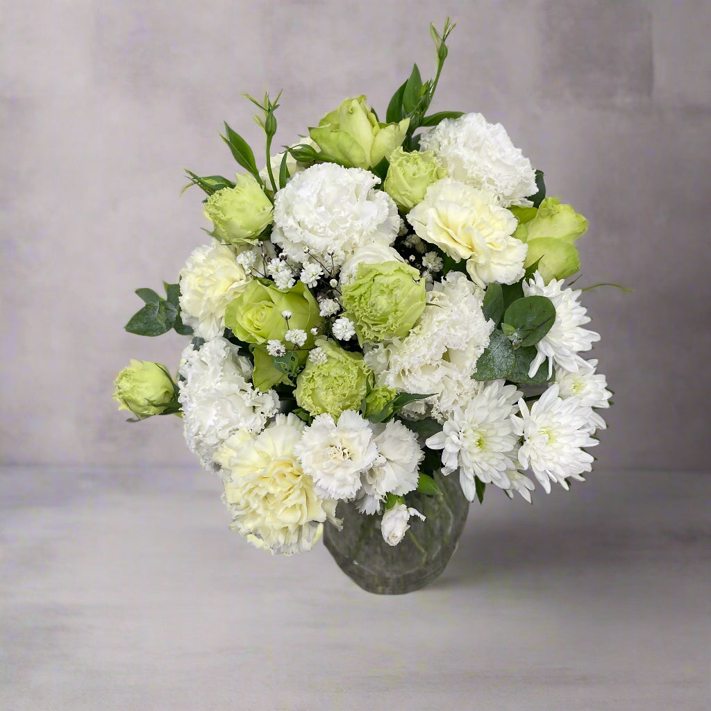 Simple Bouquet No. 04 with white and green seasonal flowers, rounded bouquet approx. 25cm or 30cm wide.