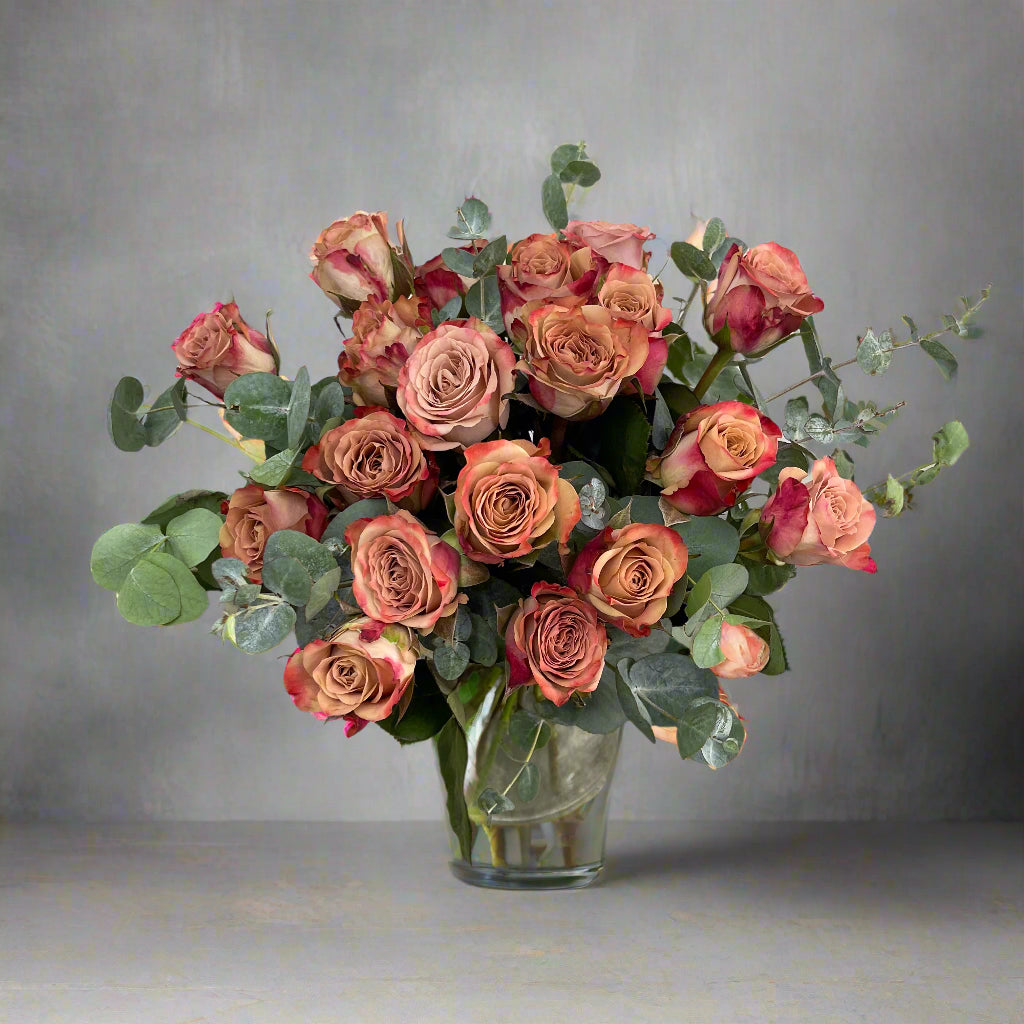 Neutral-toned cappuccino roses and eucalyptus bouquet for same-day delivery in Bayside Melbourne