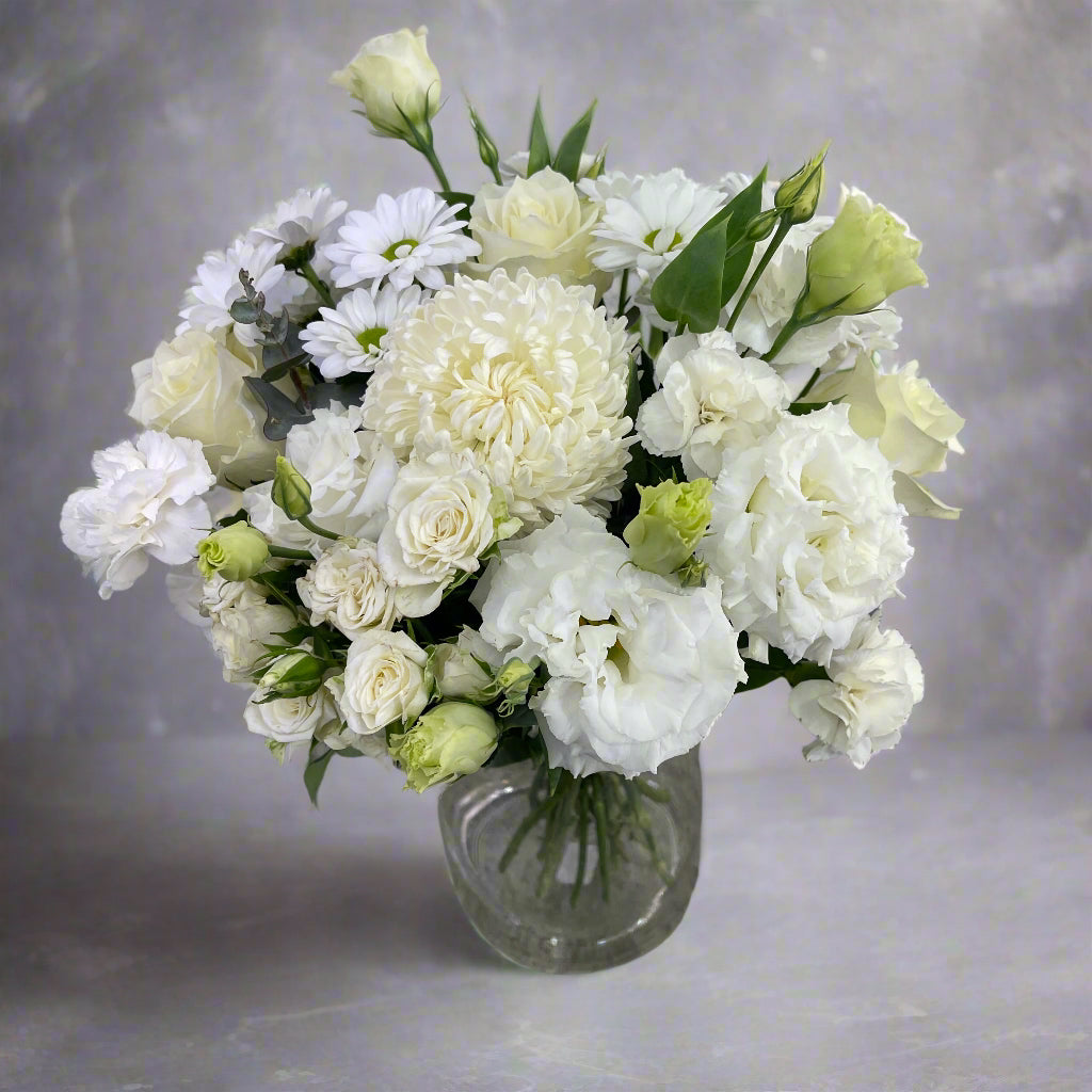 Mother's Day Bouquet No. 01, rounded white and green bouquet made in Sandringham
