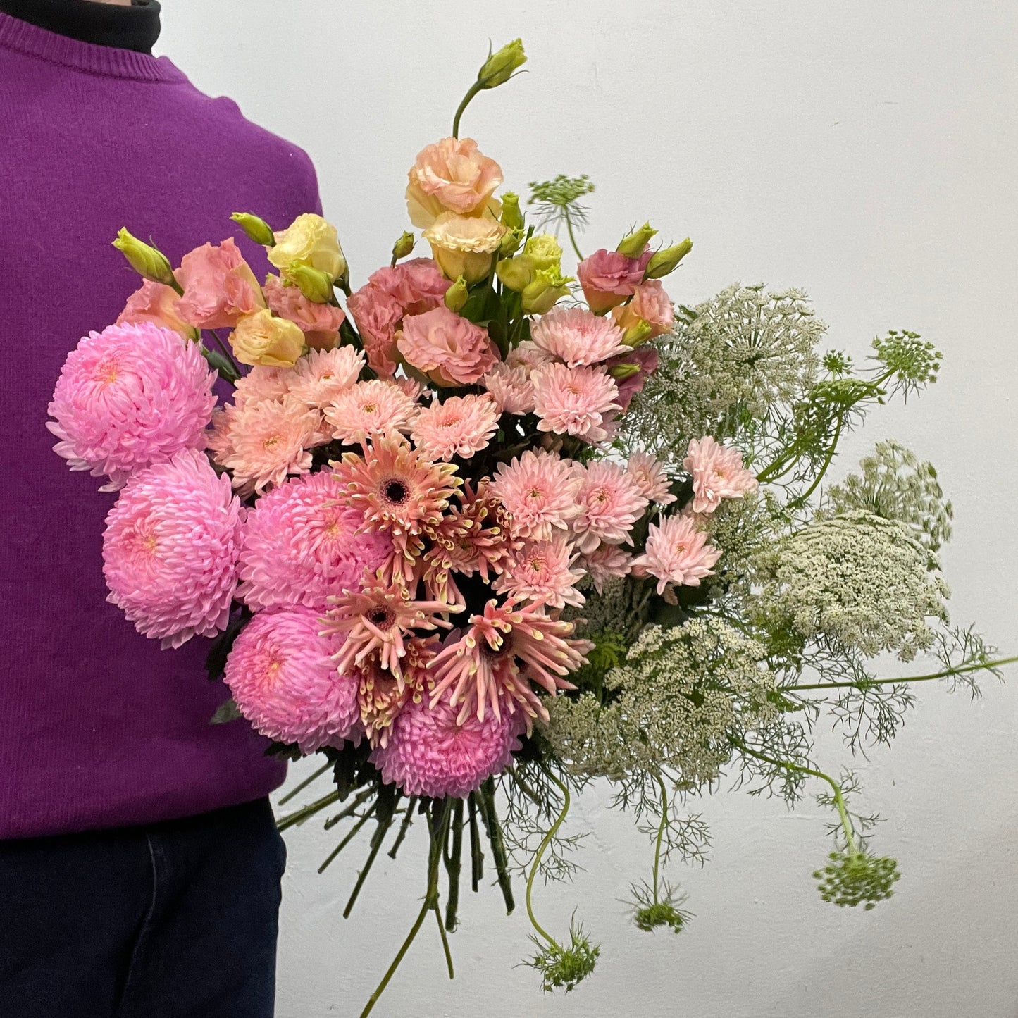 Garden style pink flower bouquet with lisianthus