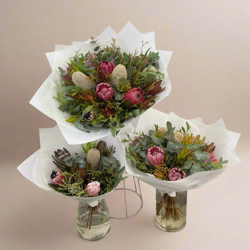 Native and protea flower bouquet with warm seasonal tones, made fresh in Sandringham.