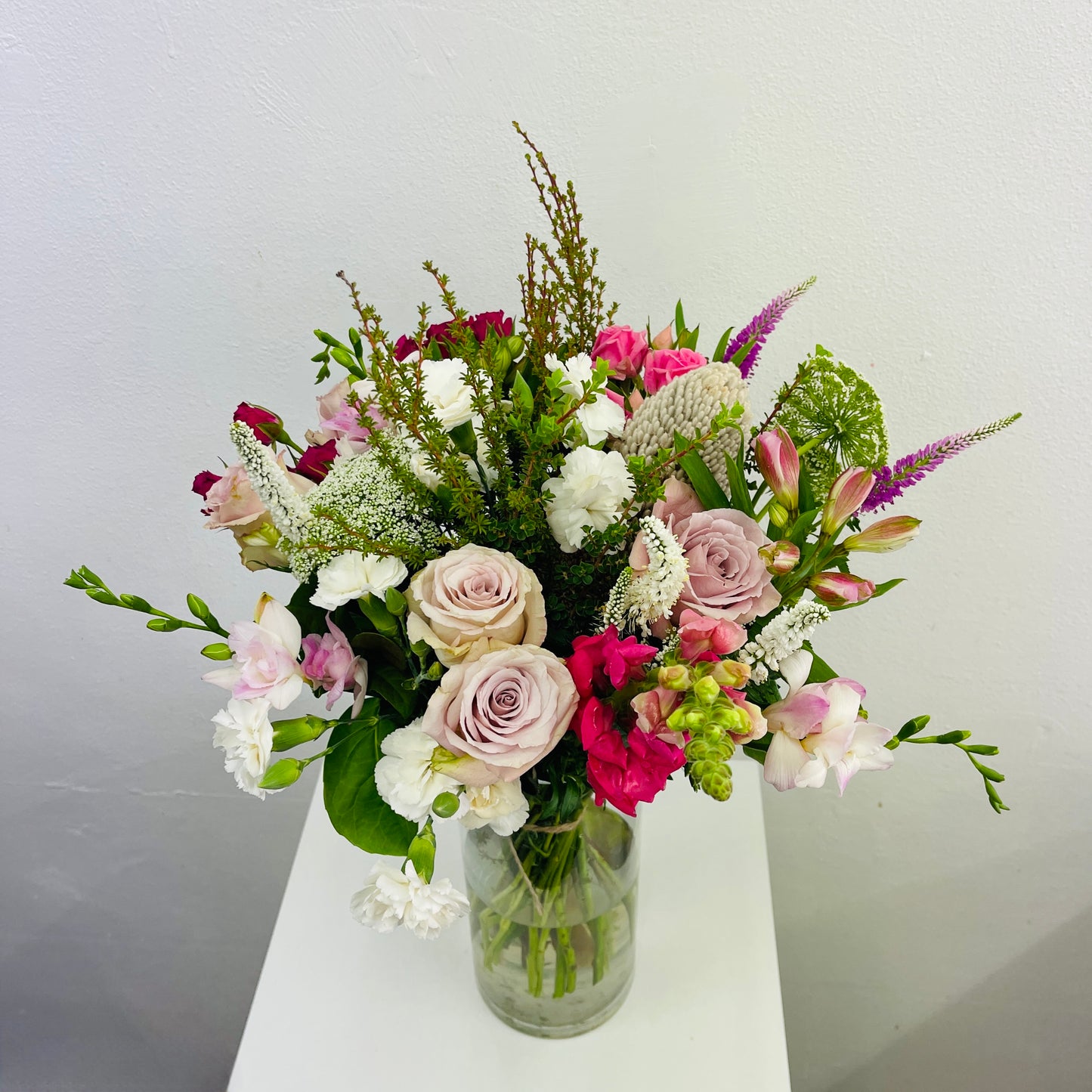 Soft bouquet with Quicksand roses and banksias Melbourne