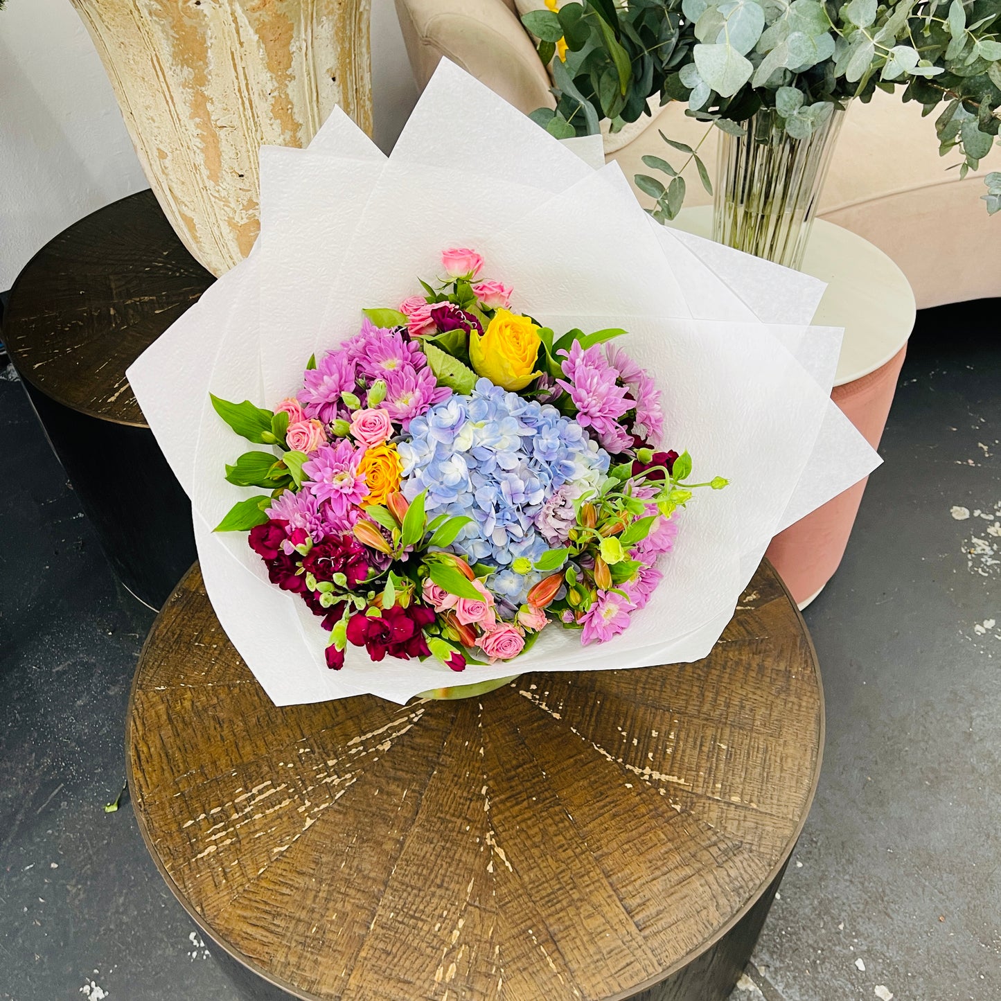 Bright hydrangea bouquet with seasonal flowers Melbourne florist