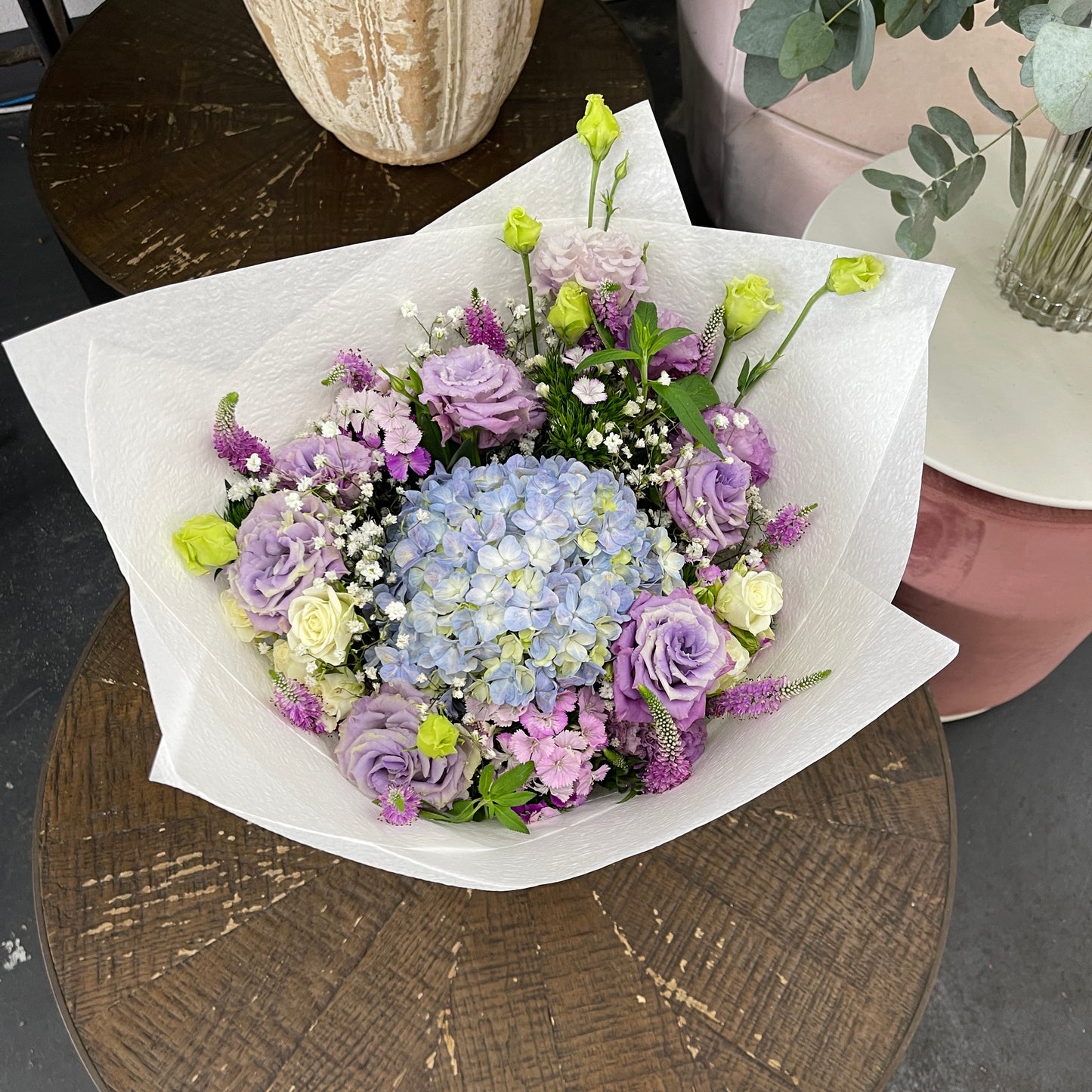 Blue hydrangea bouquet with soft purple and pink tones Melbourne florist