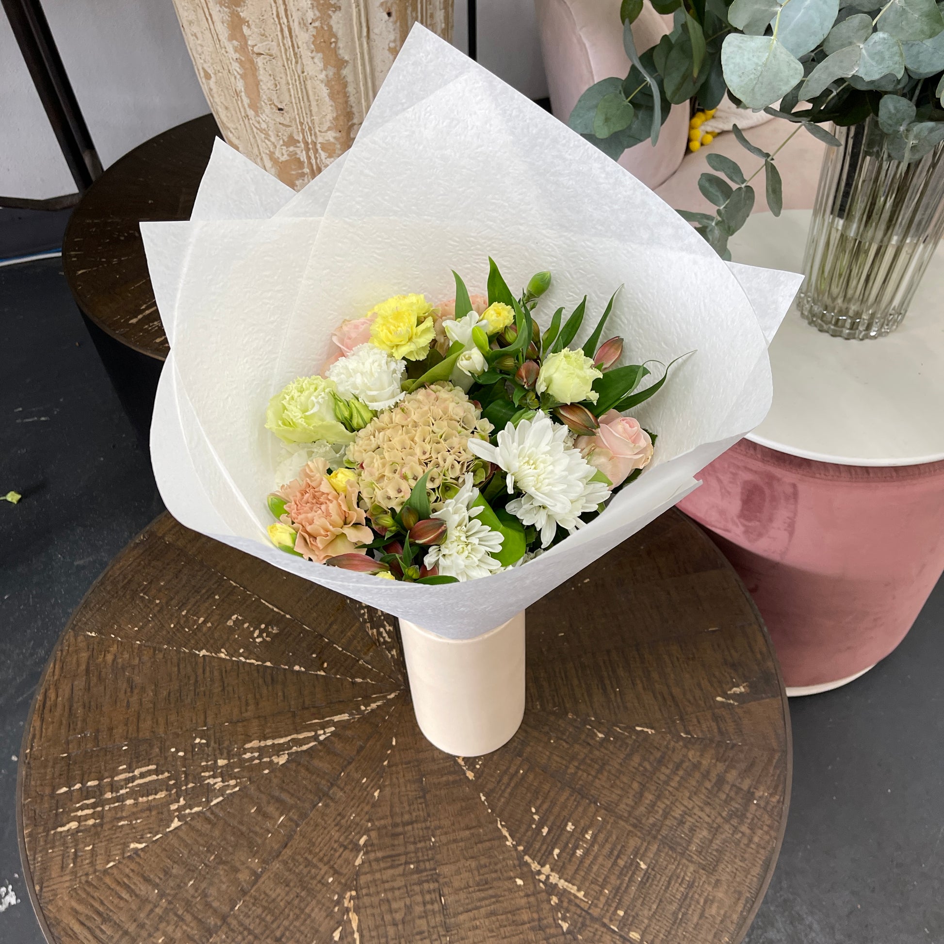Cream hydrangea bouquet with pastel pink yellow and white tones Melbourne florist
