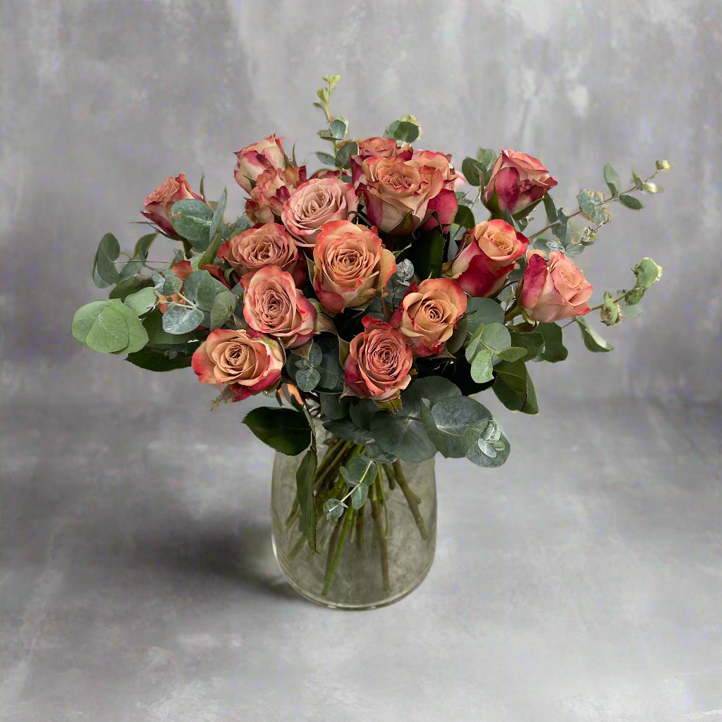 Cappuccino rose bouquet with eucalyptus, freshly made at Adam The Flower Man in Sandringham
