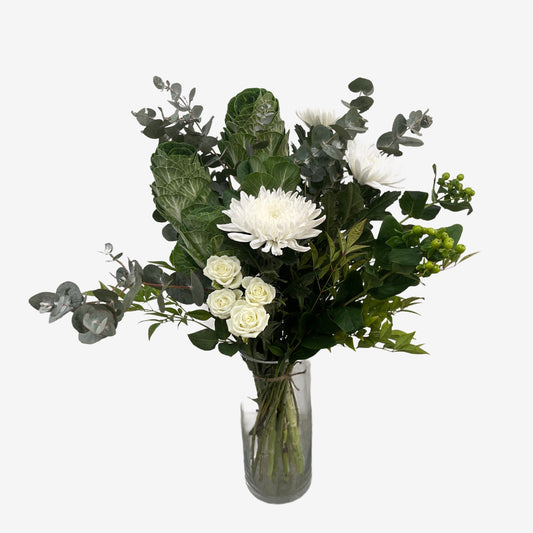 Autumn Bouquet No. 04 with white flowers and green foliage made in Sandringham