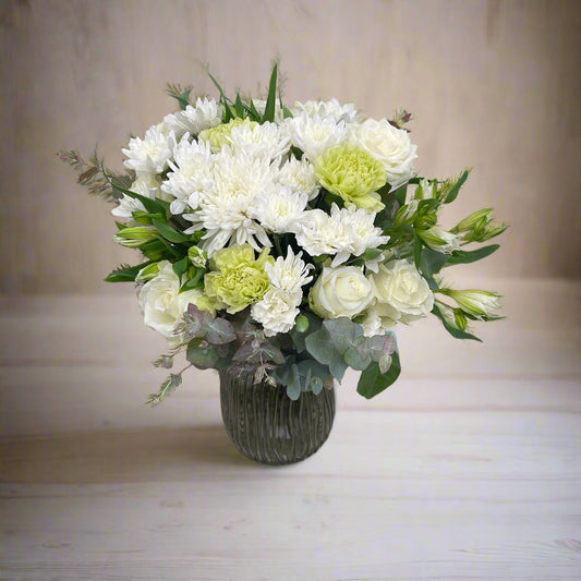 Autumn Bouquet No. 08 with white flowers and green foliage made in Sandringham