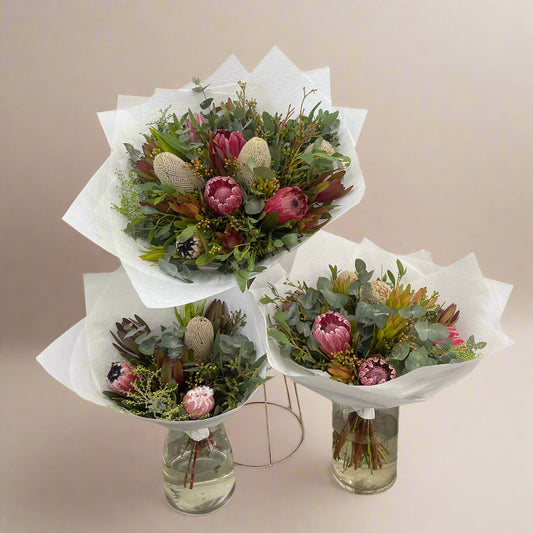 Native and protea flower bouquet with warm seasonal tones, made fresh in Sandringham.