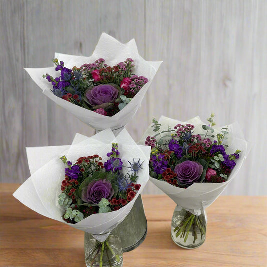 Purple bouquet with focal purple kale, made fresh by Adam The Flower Man in Sandringham.
