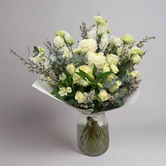 Fresh white and green winter flower bouquet from Adam The Flower Man, Sandringham Melbourne.
