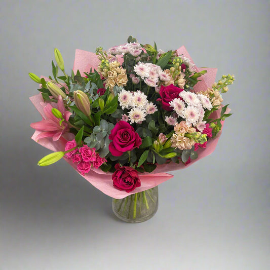 Fresh pink and green winter flower bouquet from Adam The Flower Man, Sandringham Melbourne.

