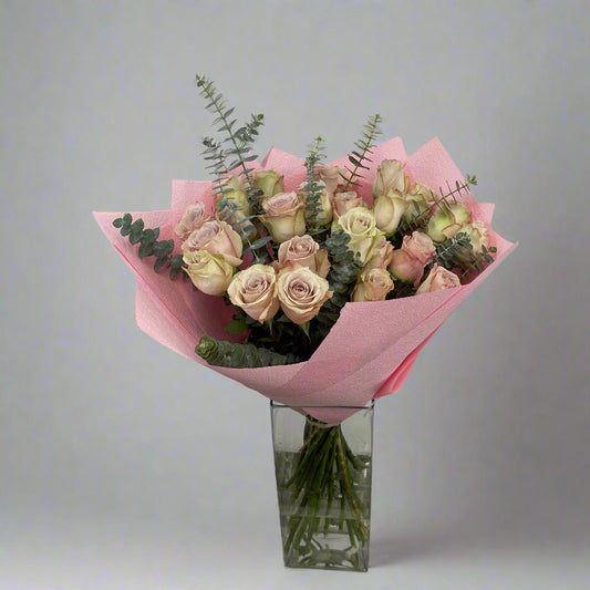 Large bouquet of quicksilver roses with eucalyptus greenery, ideal for birthdays or anniversaries, with same-day Melbourne delivery.