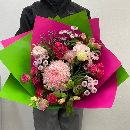 Pink-toned bouquet with seasonal flowers for Melbourne delivery