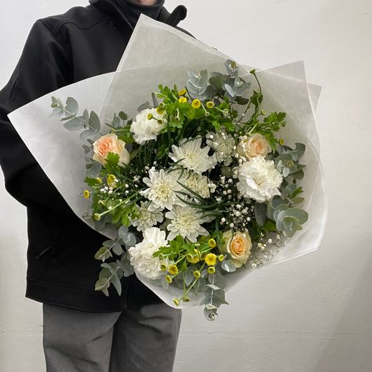 White, yellow, and cream bouquet with seasonal flowers for Melbourne delivery