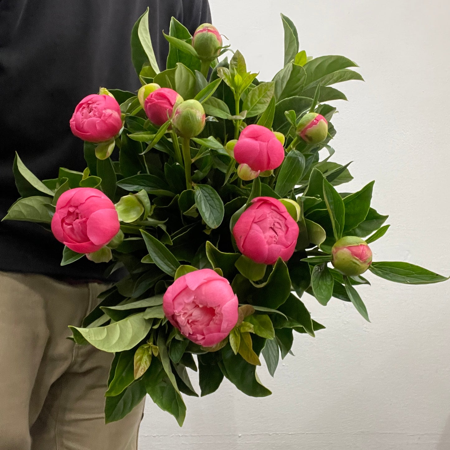 Rounded bouquet of Coral Charm pink peonies arranged in mass, made by Adam The Flower Man in Sandringham.