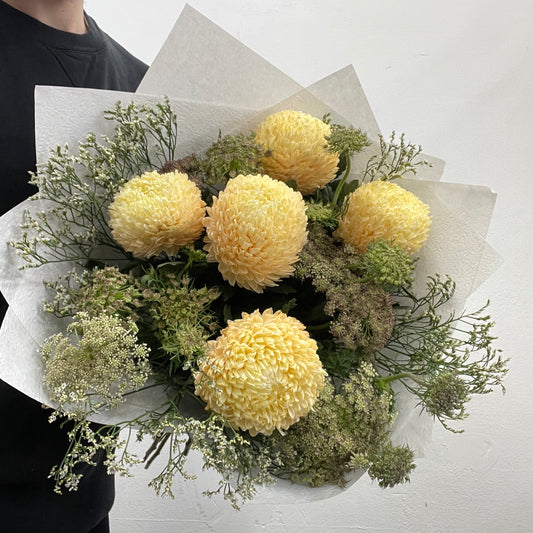 Rounded bouquet featuring yellow disbuds, Queen Anne’s Lace Chocolate, and white misty blooms with green foliage, part of the Spring Limited Collection 2025 by Adam The Flower Man.