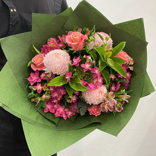 Rounded bouquet featuring pink hydrangea and soft pink seasonal blooms, part of the Spring Limited Collection 2025 by Adam The Flower Man.