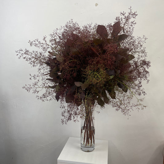 Large smoke bush bouquet arranged in a tall vase, featuring natural texture and soft seasonal tones, part of the Spring Limited Collection 2025 by Adam The Flower Man.