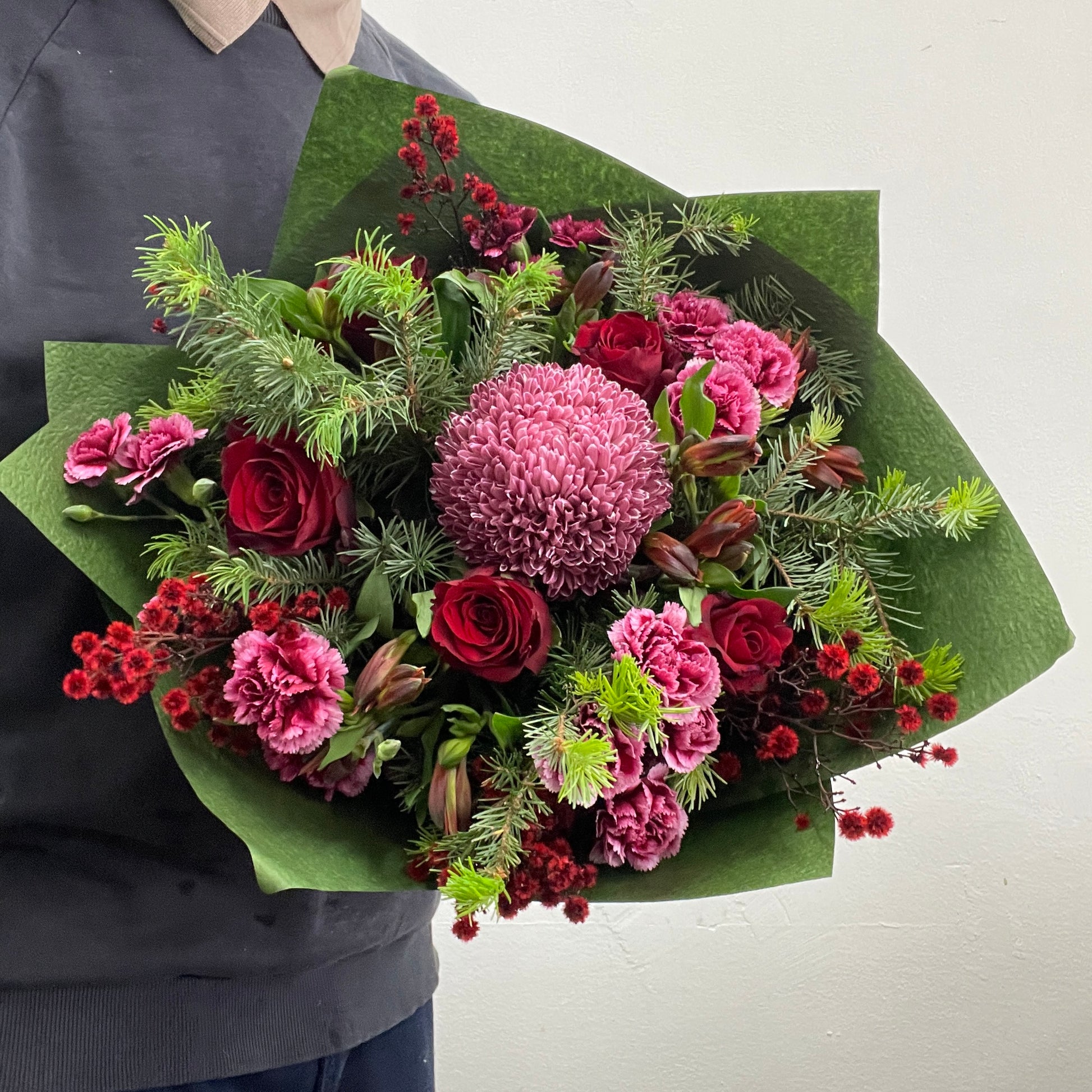 Luxury Christmas bouquet in red and burgundy tones