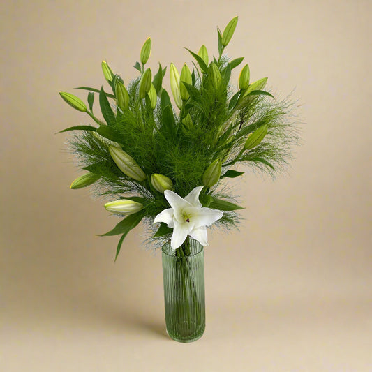 White Oriental lilies in a glass vase – Lily Bouquet No. 01