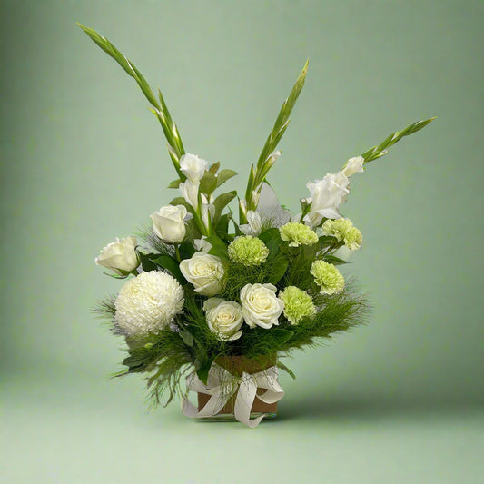 Summer Arrangement No. 01 – White and Green Floral Box with Fresh Seasonal Blooms.