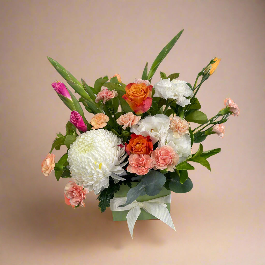 Summer Arrangement No. 02 – Bright Orange, Pink & White Flowers in a Stylish Box.