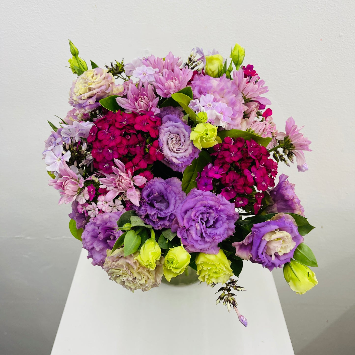 Purple lisianthus and chrysanthemum autumn bouquet Melbourne