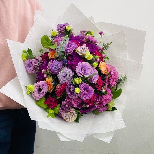 Wild Autumn purple and orange bouquet by Sandringham florist Melbourne